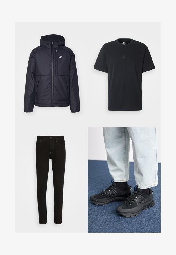 Chaqueta acolchada negra de Nike con cremallera frontal y capucha. Presenta un logo blanco en el lado izquierdo del pecho y dos bolsillos frontales. Textura exterior suave.; Camiseta negra de algodón de Nike con un clásico cuello redondo, mangas cortas y un sutil logo en relieve en el pecho. Textura suave.; Jeans de mezclilla negra con un corte ajustado, diseño estándar de cinco bolsillos, costuras en contraste y cierre de botón.; Zapatillas deportivas negras con tejido texturizado y suelas de goma, con cordones elásticos y un acento azul en el talón. Combinadas con pantalones de mezclilla claros.
