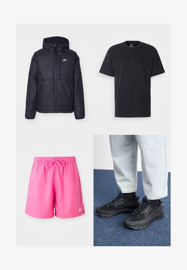 Fekete, párnázott Nike dzseki elülső cipzárral és kapucnival. A bal mellen fehér logó található, valamint két elülső zseb. Simának tűnő külső felület.; Fekete pamut póló Nike márkájú, klasszikus, kerek nyakú, rövid ujjú, és letisztult, dombornyomott logóval a mellkason. Simább textúra.; Rózsaszín sportnadrág, gumis derékkal és zsinórral. Könnyű anyagból készült, oldalt hasított és kis logó részlettel rendelkezik.; Fekete sportcipők texturált anyaggal és gumitalppal, elasztikus fűzőkkel és kék kiegészítővel a saroknál. Világos farmernadrággal viselve.