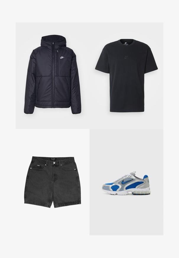 Fekete, párnázott Nike dzseki elülső cipzárral és kapucnival. A bal mellen fehér logó található, valamint két elülső zseb. Simának tűnő külső felület.; Fekete pamut póló Nike márkájú, klasszikus, kerek nyakú, rövid ujjú, és letisztult, dombornyomott logóval a mellkason. Simább textúra.; Fekete farmer rövidnadrág egyenes szabással, öt zsebbel és gombos záródással. Apró varrási részletek és texturált anyag jellemzi.; Kék és ezüst sportcipők hálós panelek, párnázott bokarész és áttetsző talp kék részletekkel. A kontrasztos cipőfűzők teszik teljessé a megjelenést.