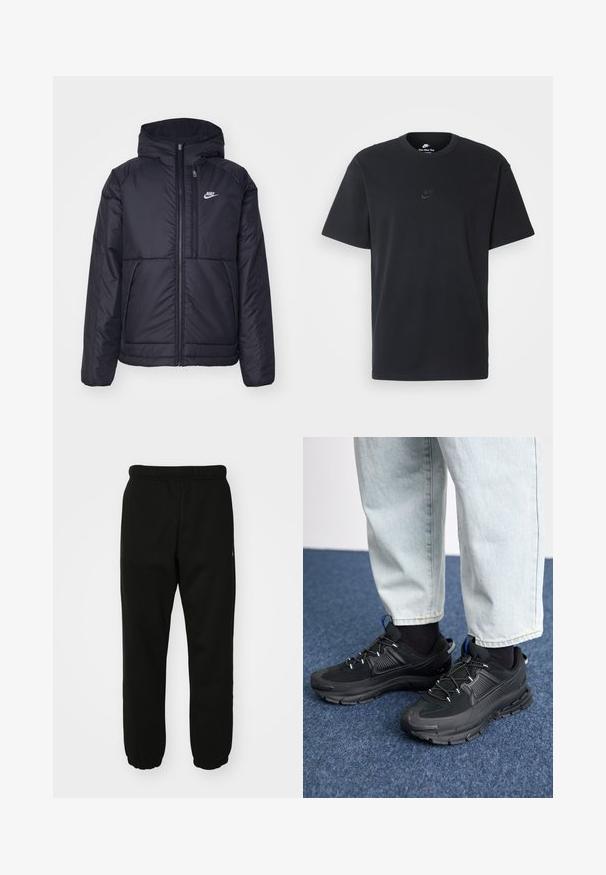 Musta, pehmustettu Nike-takki, jossa on etuvetoketju ja huppu. Vasemmassa rinnassa on valkoinen logo ja takissa on kaksinkertaiset etutaskut. Pintakoe on sileä.; Nike musta musta T-paita, jossa on klassinen pyöreä kaula-aukko, lyhyet etkä hihat sekä hillitty, kohopainettu logo rinnassa. Silkkinen rakenne.; Mustat verkkarit, jotka on valmistettu pehmeästä kankaasta, jossa on joustava vyötärö, resorit nilkoissa ja pieni logo korostus sivussa.; Mustat urheilukengät, joissa on teksturoitu kangas ja kumipohjat, elastiset nauhat ja sininen yksityiskohta kannassa. Yhdistetty vaaleisiin farkkuihin.