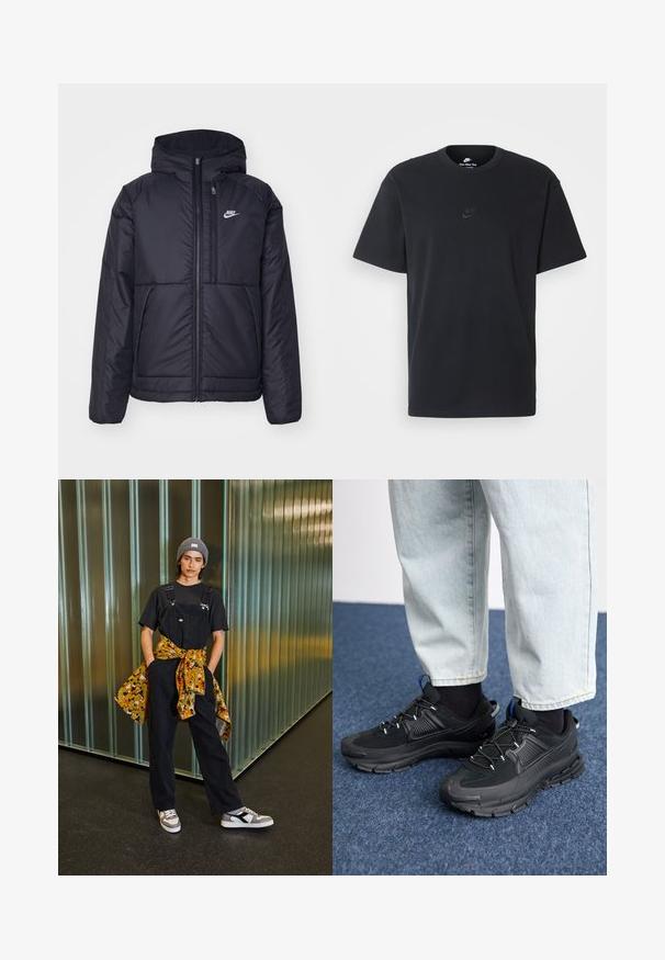 Svart, vadderad Nike-jacka med dragkedja framtill och huva. Har en vit logotyp på vänster bröst och dubbla framfickor. Slät yttextur.; Svart t-shirt i bomull från Nike med klassisk rund halsringning, korta ärmar och en diskret, präglad logotyp på bröstet. Slät textur.; Svarta denimbyxor med justerbara remmar, tillsammans med en svart t-shirt och en flerfärgad mönstrad skjorta knuten i midjan. Grå beanie och sneakers.; Svarta sportskor med texturerat tyg och gummisulor, med elastiska snörningar och en blå detalj på hälen. Bärs med ljusa jeans.