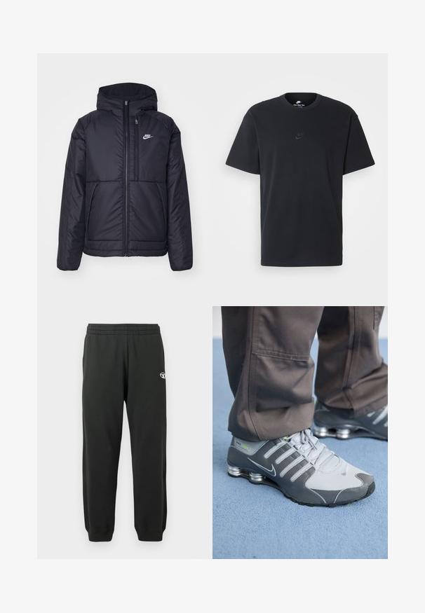 Melna, pufota Nike jaka ar priekšējo rāvējslēdzēju un kapuci. Iezīmēta ar baltu logotipu uz kreisās krūtis un divām priekšējām kabatām. Gluda ārējā tekstūra.; Nike melns kokvilnas T-krekls ar klasisku piegriezumu, īsām piedurknēm un smalku, reljefu logotipu uz krūškurvja. Gluda tekstūra.; Melni sporta bikses, izgatavotas no mīksta, elastīga auduma, ar elastīgu jostu un ribotām bikšu malām. Uz augšstilba ir neliels logo.; Pelēki un sudraba Nike Shox sporta apavi izceļas ar elegantu dizainu, izmantojot acu un sintētiskos materiālus, apaļu purngalu un mīkstinātu apkakli.