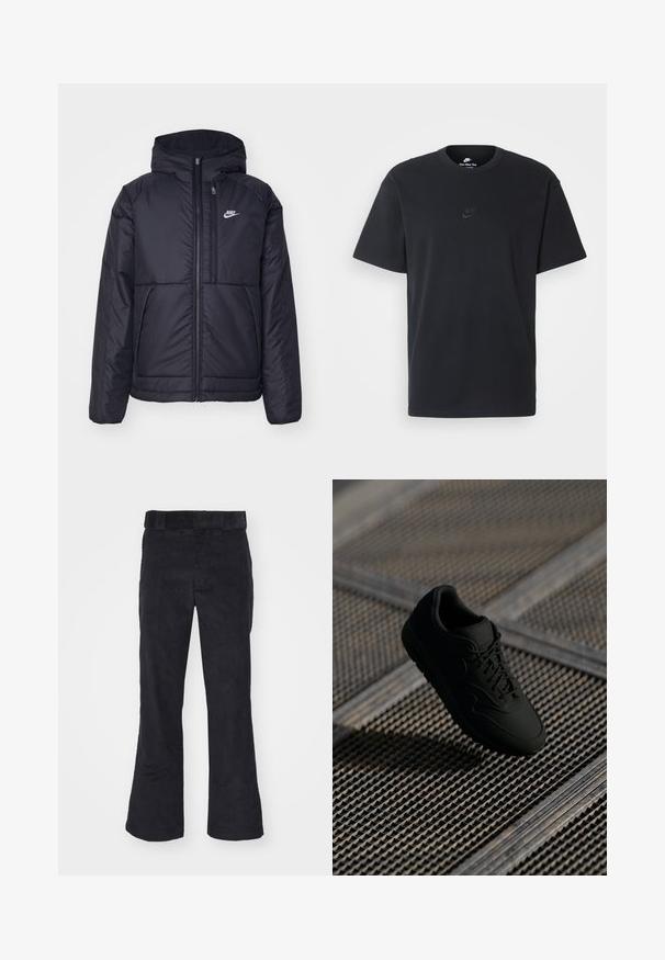 Casaco Nike preto, acolchoado, com fecho à frente e capuz. Apresenta um logo branco no lado esquerdo do peito e dois bolsos frontais. Textura exterior lisa.; T-shirt de algodão preto da Nike com um clássico decote redondo, mangas curtas e um logótipo em relevo discreto no peito. Textura suave.; Calças de veludo cotelê pretas com um corte relaxado, apresentando uma cintura clássica e pernas largas, textura suave e sem padrões ou acentos visíveis.; Sneaker preto com uma textura suave, biqueira redonda, atacadores à frente e uma marcação sutil. Exibido contra um fundo industrial texturizado.