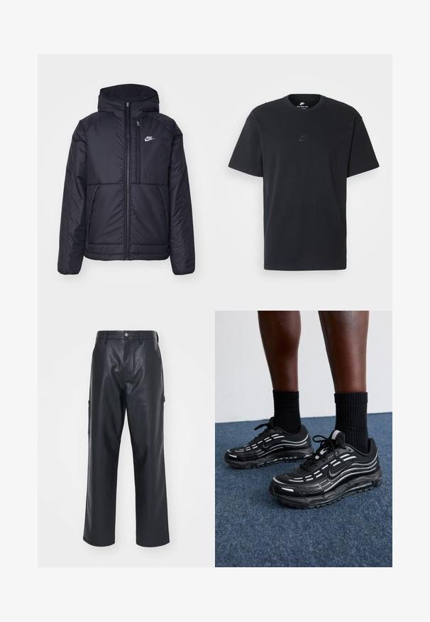 Fekete, párnázott Nike dzseki elülső cipzárral és kapucnival. A bal mellen fehér logó található, valamint két elülső zseb. Simának tűnő külső felület.; Fekete pamut póló Nike márkájú, klasszikus, kerek nyakú, rövid ujjú, és letisztult, dombornyomott logóval a mellkason. Simább textúra.; Fekete bőrnadrág sima textúrával, széles szárú kivitelben és oldalsó zsebekkel. Gombos zárás és övhurkok jellemzik.; Fekete Nike cipők hálós felsőrésszel, kiemelő csíkokkal, texturált fűzővel és fekete gumitalppal rendelkeznek. Fekete bordázott zoknikkal viselve.