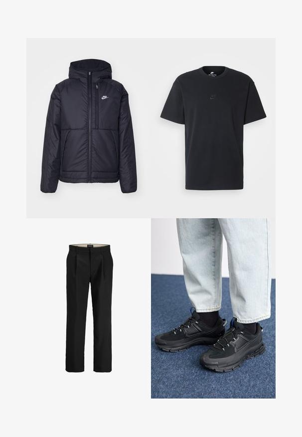 Svart, vadderad Nike-jacka med dragkedja framtill och huva. Har en vit logotyp på vänster bröst och dubbla framfickor. Slät yttextur.; Svart t-shirt i bomull från Nike med klassisk rund halsringning, korta ärmar och en diskret, präglad logotyp på bröstet. Slät textur.; Svarta skräddarsydda byxor med slät front, två sidofickor, en mjuk textur och rak benklippning. Har bältesöglor för extra stil.; Svarta sportskor med texturerat tyg och gummisulor, med elastiska snörningar och en blå detalj på hälen. Bärs med ljusa jeans.