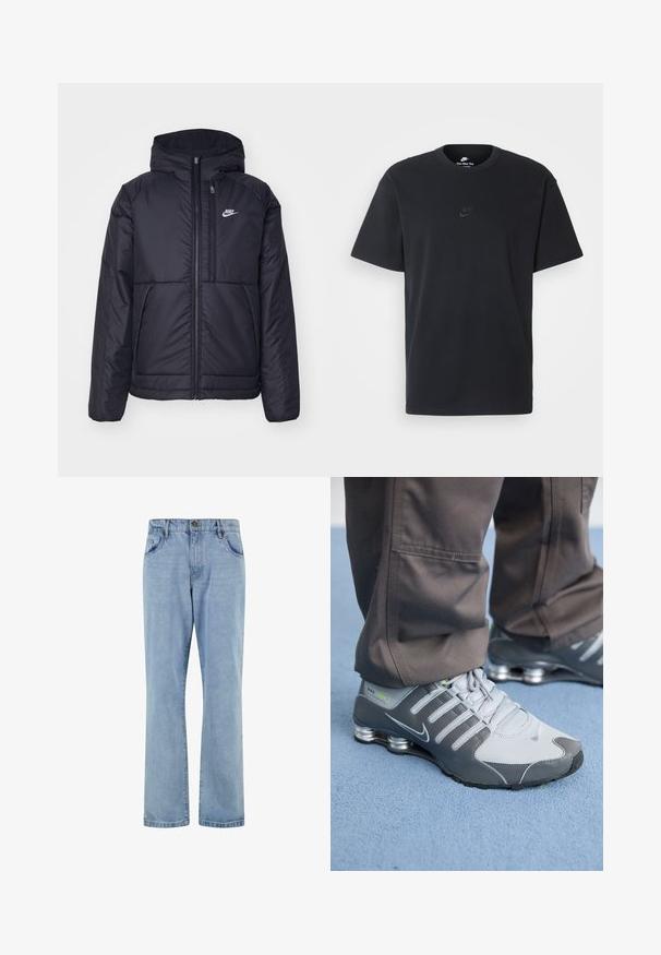 Must musta Nike jope, millel on ees lukuga avamine ja kapuuts. Vasakpoolne rind on kaunistatud valge logoga ning ees on kaks taskut. Sile välimine tekstuur.; Nike musta mustast puuvillast T-särk klassikalise ümmarguse kaelusega, lühikeste varrukatega ja õrna, reljeefse logoga rinnal. Sile tekstuur.; Heledad sinine teksapükste sirge säärega disain, viie taskuga stiil, nupuga kinnitamine ja õrnalt kulunud tekstuur kogu ulatuses.; Hallid ja hõbe Nike Shox tennisetossud on varustatud elegantse disainiga, neil on võrkkangas ja sünteetilised materjalid, ümar varvas ja pehmendatud kaelus.