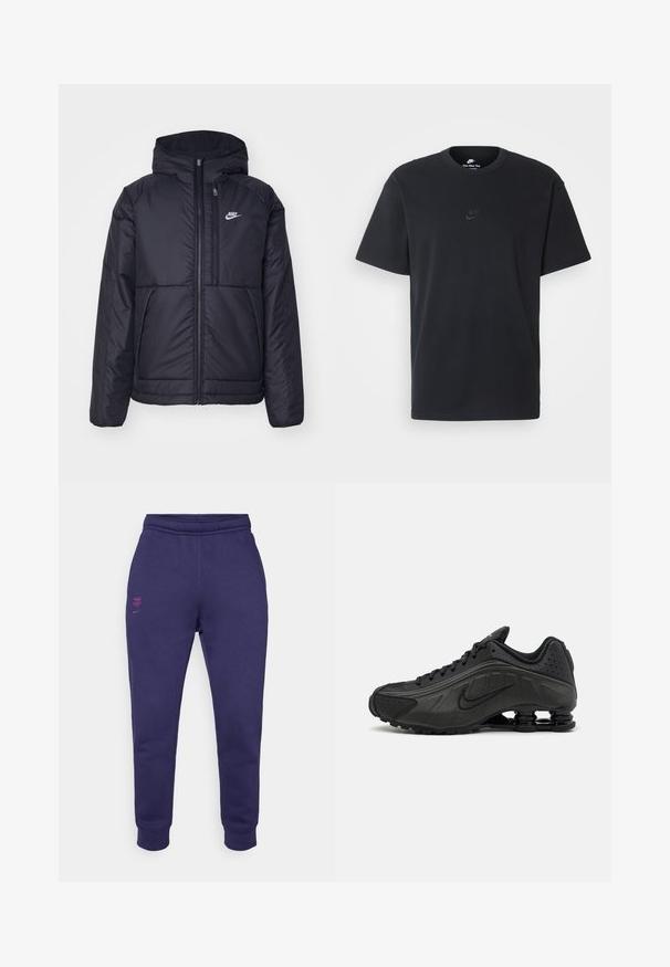 Black, padded Nike jacket with a front zipper and hood. Features a white logo on the left chest and dual front pockets. Smooth exterior texture.; Nike black cotton t-shirt with a classic crew neck, short sleeves, and a subtle, embossed logo on the chest. Smooth texture.; Purple cotton sweatpants with elastic waistband, tapered legs, and pink embroidered logo detailing on the front left and rear side.; Black running shoes featuring a smooth synthetic upper, perforated accents, textured side panels, and a distinct springy sole.