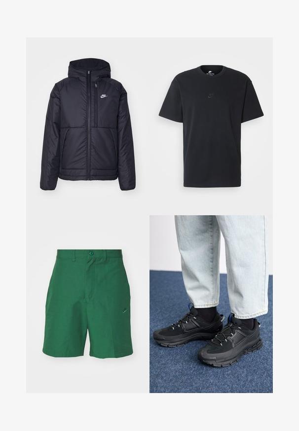 Casaco Nike preto, acolchoado, com fecho à frente e capuz. Apresenta um logo branco no lado esquerdo do peito e dois bolsos frontais. Textura exterior lisa.; T-shirt de algodão preto da Nike com um clássico decote redondo, mangas curtas e um logótipo em relevo discreto no peito. Textura suave.; Calções verdes, trançados, com frente lisa, dois bolsos laterais e um discreto logotipo da Nike bordado na perna esquerda. Apresenta um fecho de botão.; Sapatilhas desportivas pretas com tecido texturizado e solas em borracha, apresentando atacadores elásticos e um detalhe azul no calcanhar. Usadas com calças de ganga claras.
