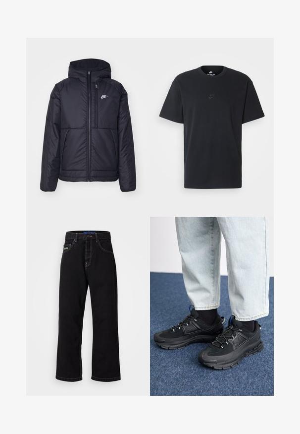 Casaco Nike preto, acolchoado, com fecho à frente e capuz. Apresenta um logo branco no lado esquerdo do peito e dois bolsos frontais. Textura exterior lisa.; T-shirt de algodão preto da Nike com um clássico decote redondo, mangas curtas e um logótipo em relevo discreto no peito. Textura suave.; Calças de ganga pretas com corte straight, com costuras em contraste e um bolso lateral. Logótipo verde notável no bolso frontal esquerdo.; Sapatilhas desportivas pretas com tecido texturizado e solas em borracha, apresentando atacadores elásticos e um detalhe azul no calcanhar. Usadas com calças de ganga claras.