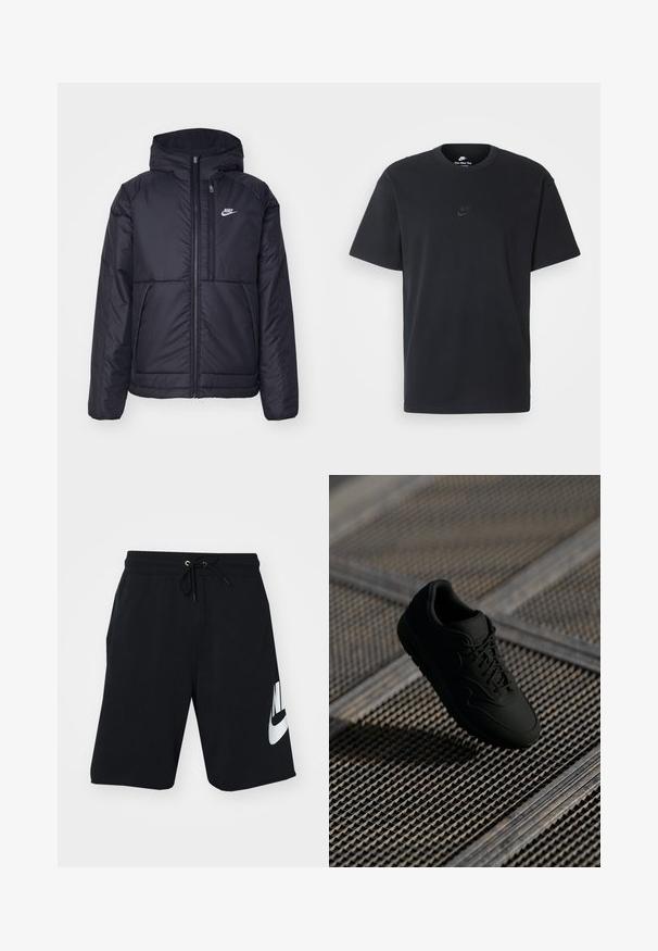 Čierna, polstrovaná bunda Nike so zipsom vpredu a kapucňou. Na ľavej strane hrude sa nachádza biele logo a sú tu dva predné vrecká. Hladký vonkajší povrch.; Čierne bavlnené tričko Nike s klasickým okrúhlym výstrihom, krátkymi rukávmi a jemne embosovaným logom na hrudi. Hladká textúra.; Čierne bavlnené šortky so šnúrkou v páse, bočnými vreckami a veľkým bielym logom Nike vytlačeným na ľavom stehne. Klasický športový dizajn.; Čierne tenisky s hladkou textúrou, okrúlou špičkou, šnurovaním a decentným logom. Zobrazené na textúrovanom, industriálnom pozadí.