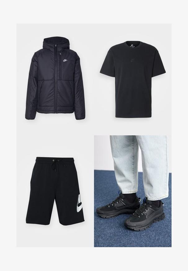 Melna, pufota Nike jaka ar priekšējo rāvējslēdzēju un kapuci. Iezīmēta ar baltu logotipu uz kreisās krūtis un divām priekšējām kabatām. Gluda ārējā tekstūra.; Nike melns kokvilnas T-krekls ar klasisku piegriezumu, īsām piedurknēm un smalku, reljefu logotipu uz krūškurvja. Gluda tekstūra.; Melni kokvilnas šorti ar aukliņu viduklī, sānu kabatām un lielu balto Nike logo, kas drukāts kreisajā augšstilbā. Klasisks sporta dizains.; Melni sporta apavi ar strukturētu audumu un gumijas zoli, ar elastīgām auklām un zilu akcentu uz papēža. Nēsāti ar gaišām džinsu biksēm.