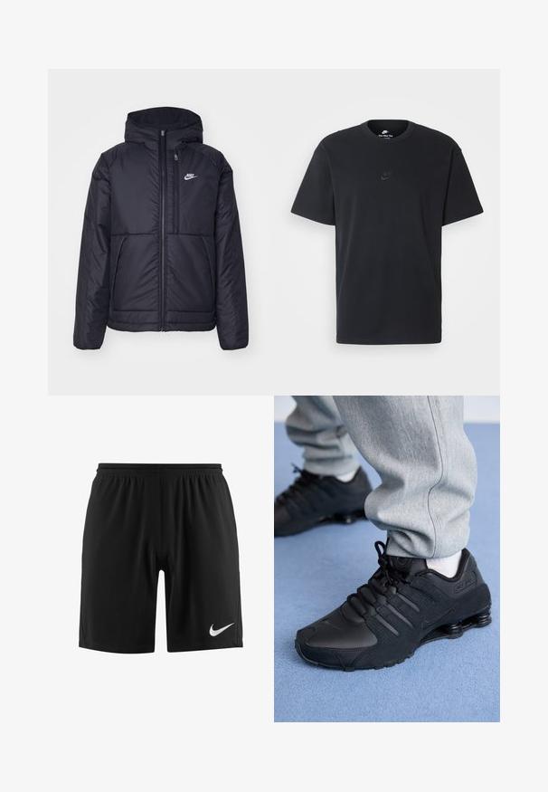 Veste Nike noire rembourrée avec une fermeture éclair sur le devant et une capuche. Elle présente un logo blanc sur la poitrine gauche et deux poches avant. Texture extérieure lisse.; T-shirt en coton noir Nike avec un col rond classique, des manches courtes et un logo embossé subtil sur la poitrine. Texture lisse.; Shorts de sport noirs avec une taille élastique, arborant un logo Nike blanc sur l'ourlet gauche et un tissu lisse et léger.; Personne portant des baskets Nike Shox noires et un pantalon de survêtement gris, debout sur un tapis bleu clair.