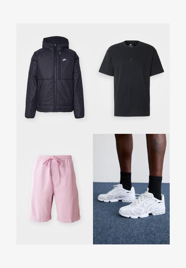 Fekete, párnázott Nike dzseki elülső cipzárral és kapucnival. A bal mellen fehér logó található, valamint két elülső zseb. Simának tűnő külső felület.; Fekete pamut póló Nike márkájú, klasszikus, kerek nyakú, rövid ujjú, és letisztult, dombornyomott logóval a mellkason. Simább textúra.; Világos rózsaszín pamut rövidnadrág, rugalmas derékkal, húzózsinórral, egyenes szabású lábakkal, varrott szegéllyel.; Fehér sportcipők hálós felsőrésszel, textúrázott díszítésekkel és párnázott talppal. Párban fekete bordázott bokazoknival egy kék szőnyeggel borított felületen.