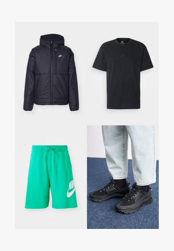 Fekete, párnázott Nike dzseki elülső cipzárral és kapucnival. A bal mellen fehér logó található, valamint két elülső zseb. Simának tűnő külső felület.; Fekete pamut póló Nike márkájú, klasszikus, kerek nyakú, rövid ujjú, és letisztult, dombornyomott logóval a mellkason. Simább textúra.; Zöld pamutsort, állítható derékkal, nagy fehér Nike logóval a jobb lábon, sima textúrával.; Fekete sportcipők texturált anyaggal és gumitalppal, elasztikus fűzőkkel és kék kiegészítővel a saroknál. Világos farmernadrággal viselve.