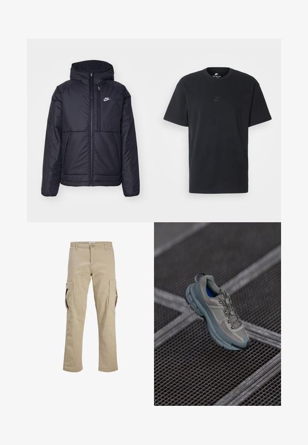 Veste Nike noire rembourrée avec une fermeture éclair sur le devant et une capuche. Elle présente un logo blanc sur la poitrine gauche et deux poches avant. Texture extérieure lisse.; T-shirt en coton noir Nike avec un col rond classique, des manches courtes et un logo embossé subtil sur la poitrine. Texture lisse.; Pantalons cargo beiges en coton, dotés de plusieurs poches latérales, d'une fermeture éclair et d'une coupe droite. Texture lisse avec des coutures renforcées.; Chaussure de sport beige et grise avec une tige en maille texturée, un bout arrondi et une semelle en caoutchouc, comportant des lacets et un col rembourré.