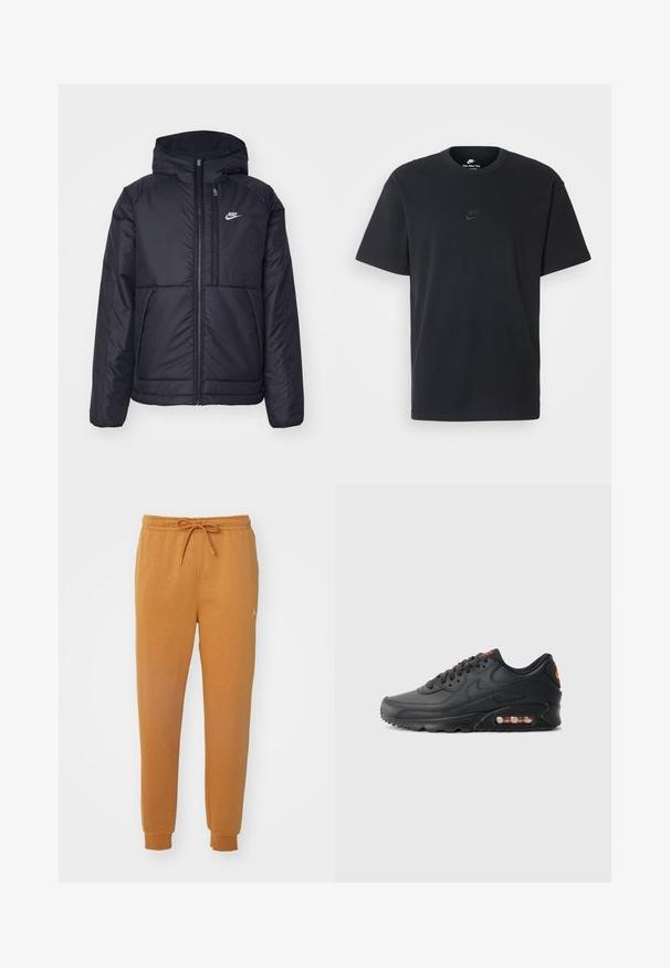 Chaqueta acolchada negra de Nike con cremallera frontal y capucha. Presenta un logo blanco en el lado izquierdo del pecho y dos bolsillos frontales. Textura exterior suave.; Camiseta negra de algodón de Nike con un clásico cuello redondo, mangas cortas y un sutil logo en relieve en el pecho. Textura suave.; Pantalones de chándal naranjas fabricados en un tejido suave, que cuentan con una cinturilla elástica con cordón y puños acanalados. Incluye un pequeño detalle de logo.; Zapatillas Nike Air Max 90 con parte superior sintética negra, acabado texturizado, cierre de cordones, unidad de aire visible y logo de acento en naranja.