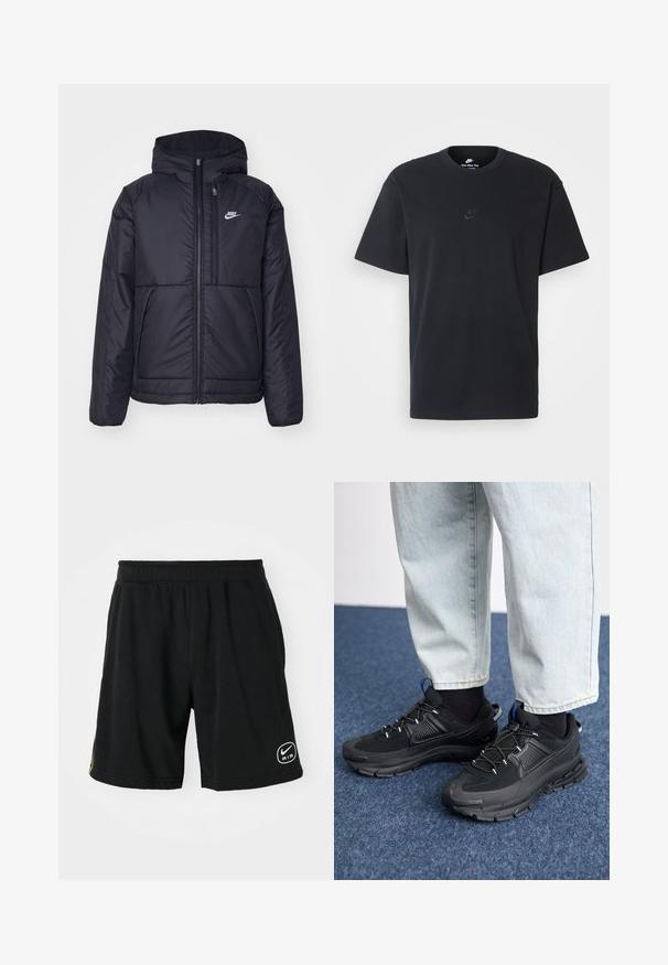 Juodas, paminkštintas Nike džemperis su priekyje užtrauktuku ir gobtuvu. Pasižymi balta logo kairėje krūtinės pusėje ir dviem priekinėmis kišenėmis. Su lygiu išoriniu paviršiumi.; Juodas medvilninis Nike marškinėliai su klasikinėmis apykaklėmis, trumpomis rankovėmis ir subtiliu, įspaustu logotipu ant krūtinės. Sklandus tekstūra.; Juodos sportinės šortai, pagaminti iš minkštos medžiagos, su elastingu juosmeniu, logotipu ir kontrastingomis geltonomis juostomis šonuose.; Juodi sportiniai bateliai su tekstūruota medžiaga ir guminiais padais, su elastingomis raišteliais ir mėlynu akcentu ant kulno. Dėvimi su šviesiai mėlynomis džinsinėmis kelnėmis.