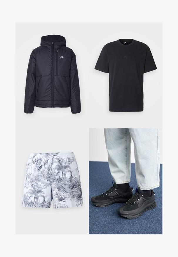 Casaco Nike preto, acolchoado, com fecho à frente e capuz. Apresenta um logo branco no lado esquerdo do peito e dois bolsos frontais. Textura exterior lisa.; T-shirt de algodão preto da Nike com um clássico decote redondo, mangas curtas e um logótipo em relevo discreto no peito. Textura suave.; Calções de banho estampados com um fundo azul claro, apresentando folhagens e estampas de animais em azul escuro, com cintura elástica e detalhe do logótipo.; Sapatilhas desportivas pretas com tecido texturizado e solas em borracha, apresentando atacadores elásticos e um detalhe azul no calcanhar. Usadas com calças de ganga claras.