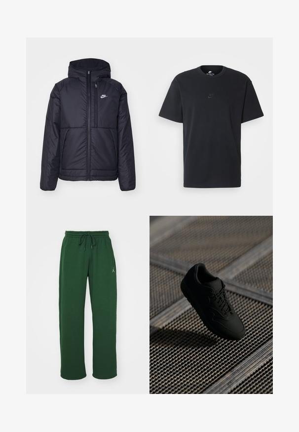 Jachetă Nike neagră, căptușită, cu fermoar pe față și glugă. Prezintă un logo alb pe pieptul stâng și două buzunare frontale. Textură exterioară netedă.; Tricou din bumbac negru Nike, cu guler rotund clasic, mâneci scurte și un logo subtil embosat pe piept. Textură netedă.; Pantaloni de trening verzi, confecționați dintr-un material moale, cu talie elastică, sistem de închidere cu șnur și un detaliu mic cu logo pe coapsa stângă.; Tenis negri cu o textură netedă, vârf rotund, sistem de șireturi în față și branding subtil. Expus pe un fundal industrial, texturat.