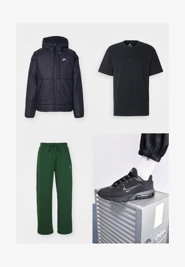 Zwarte, gewatteerde Nike-jas met een voorkant met ritssluiting en capuchon. Kenmerkt zich door een wit logo op de linkerborst en dubbele frontzakken. Gladde buitenkant.; Zwarte katoenen t-shirt van Nike met een klassieke ronde hals, korte mouwen en een subtiele, reliëflogo op de borst. Gladde textuur.; Groene sportbroek gemaakt van zacht materiaal met een elastische tailleband, rijgsluiting en een klein logo-opdruk op de linkerdij.; Nike Sportswear PULSE - Sneakers laag - black/anthracite