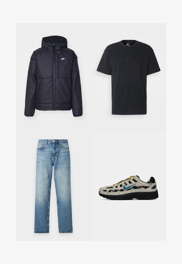 Black, padded Nike jacket with a front zipper and hood. Features a white logo on the left chest and dual front pockets. Smooth exterior texture.; Nike black cotton t-shirt with a classic crew neck, short sleeves, and a subtle, embossed logo on the chest. Smooth texture.; Light blue denim jeans with a straight cut, featuring a button closure, five pockets, and subtle fading near the hem. Flat texture.; Beige and black Nike P-6000 sneaker with blue swoosh, yellow laces, black sole, and Cordura fabric label on the heel.