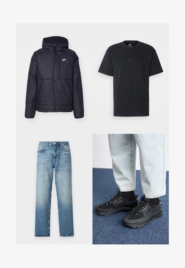 Jachetă Nike neagră, căptușită, cu fermoar pe față și glugă. Prezintă un logo alb pe pieptul stâng și două buzunare frontale. Textură exterioară netedă.; Tricou din bumbac negru Nike, cu guler rotund clasic, mâneci scurte și un logo subtil embosat pe piept. Textură netedă.; Jeans din denim albastru deschis, cu croi drept, care au închidere cu buton, cinci buzunare și decolorare subtilă aproape de tiv. Textură plată.; Pantofi sport negri, cu țesătură texturată și tălpi din cauciuc, având șireturi elastice și un accent albastru pe toc. Purtați cu pantaloni din denim deschis.