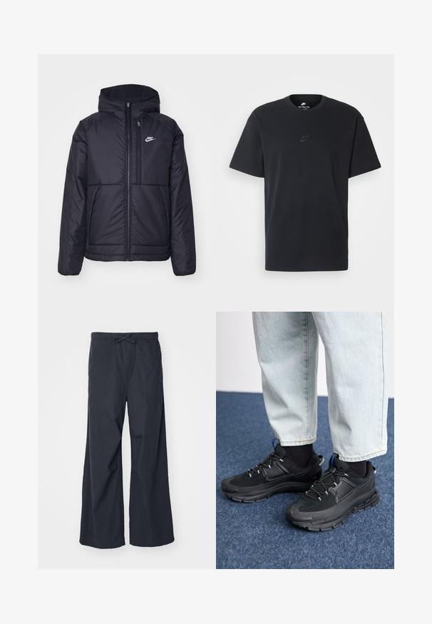 Black, padded Nike jacket with a front zipper and hood. Features a white logo on the left chest and dual front pockets. Smooth exterior texture.; Nike black cotton t-shirt with a classic crew neck, short sleeves, and a subtle, embossed logo on the chest. Smooth texture.; Wide-leg pants in solid black fabric, featuring an elastic waistband with a drawstring, and two side pockets. Smooth texture and casual design.; Black athletic shoes with textured fabric and rubber soles, featuring elastic laces and a blue accent on the heel. Worn with light denim pants.