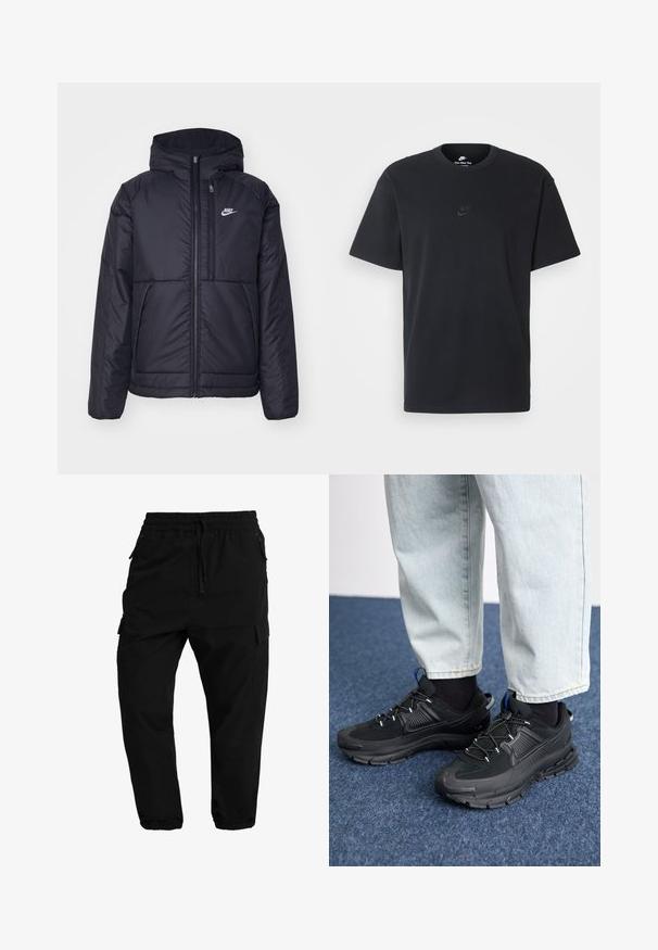 Musta, pehmustettu Nike-takki, jossa on etuvetoketju ja huppu. Vasemmassa rinnassa on valkoinen logo ja takissa on kaksinkertaiset etutaskut. Pintakoe on sileä.; Nike musta musta T-paita, jossa on klassinen pyöreä kaula-aukko, lyhyet etkä hihat sekä hillitty, kohopainettu logo rinnassa. Silkkinen rakenne.; Mustat cargo-housut, joissa on elastinen vyötärö, naru sulkemiseen ja sivutaskut. Kapeat lahkeet elastisilla hihansuilla ja sileä pinta.; Mustat urheilukengät, joissa on teksturoitu kangas ja kumipohjat, elastiset nauhat ja sininen yksityiskohta kannassa. Yhdistetty vaaleisiin farkkuihin.
