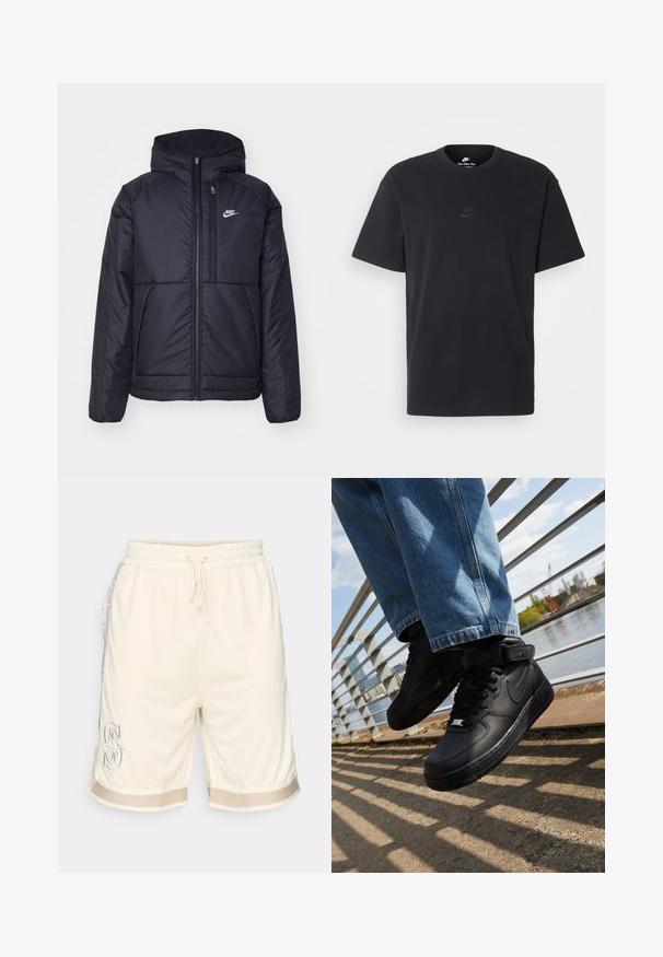 Juodas, paminkštintas Nike džemperis su priekyje užtrauktuku ir gobtuvu. Pasižymi balta logo kairėje krūtinės pusėje ir dviem priekinėmis kišenėmis. Su lygiu išoriniu paviršiumi.; Juodas medvilninis Nike marškinėliai su klasikinėmis apykaklėmis, trumpomis rankovėmis ir subtiliu, įspaustu logotipu ant krūtinės. Sklandus tekstūra.; Vyriški kreminės spalvos tinkliniai šortai su elastinga juosta, raišteliu, šoniniais kišenėmis ir gėlių rašto akcentais. Ypatingas kontrastingas apvadas.; Juodos Nike Air Force 1 sportbačiai su odiniu viršumi, tinkleliu ant liežuvio ir guminiais padais, pasižymintys aukštu dizainu ir storomis raištelėmis.