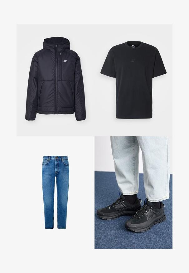 Juodas, paminkštintas Nike džemperis su priekyje užtrauktuku ir gobtuvu. Pasižymi balta logo kairėje krūtinės pusėje ir dviem priekinėmis kišenėmis. Su lygiu išoriniu paviršiumi.; Juodas medvilninis Nike marškinėliai su klasikinėmis apykaklėmis, trumpomis rankovėmis ir subtiliu, įspaustu logotipu ant krūtinės. Sklandus tekstūra.; Mėlyni džinsai su tiesiu sijonu, su mygtukų uždarymu, penkių kišenių dizainu ir subtiliu blukimu, suteikiančiu papildomą tekstūrą.; Juodi sportiniai bateliai su tekstūruota medžiaga ir guminiais padais, su elastingomis raišteliais ir mėlynu akcentu ant kulno. Dėvimi su šviesiai mėlynomis džinsinėmis kelnėmis.