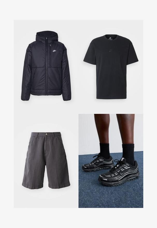 Giacca Nike nera, imbottita, con zip frontale e cappuccio. Presenta un logo bianco sul lato sinistro del petto e doppie tasche frontali. Texture esterna liscia.; T-shirt in cotone nero della Nike con collo rotondo classico, maniche corte e un logo in rilievo discreto sul petto. Texture liscia.; Shorts in cotone grigio scuro con una vestibilità comoda, dotati di chiusura a bottone, passanti per cintura e tasche laterali, realizzati con un orlo semplice.; Le scarpe Nike nere presentano una tomaia in mesh con strisce a contrasto, lacci testurizzati e una suola in gomma nera. Indossate con calze nere a costine.