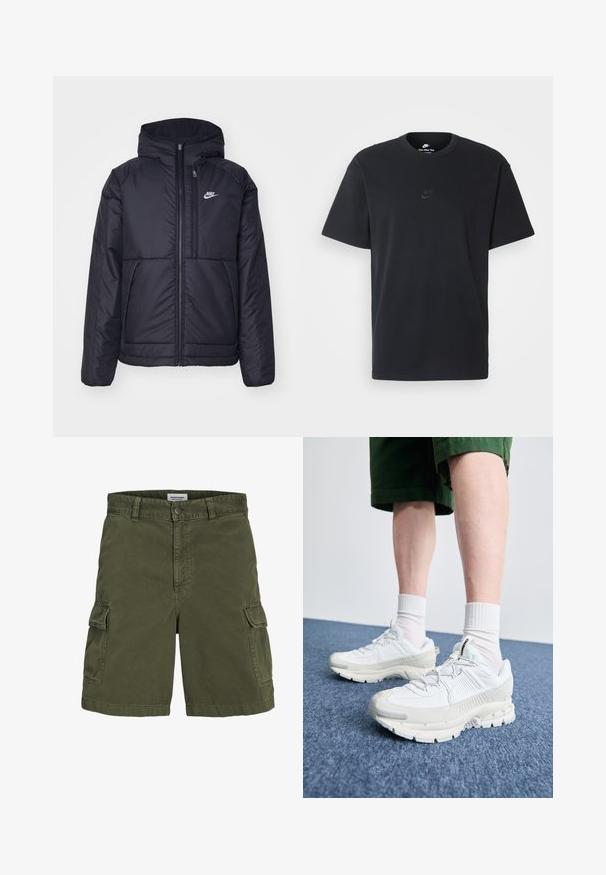 Giacca Nike nera, imbottita, con zip frontale e cappuccio. Presenta un logo bianco sul lato sinistro del petto e doppie tasche frontali. Texture esterna liscia.; T-shirt in cotone nero della Nike con collo rotondo classico, maniche corte e un logo in rilievo discreto sul petto. Texture liscia.; Pantaloni cargo verde oliva realizzati in cotone, con zip frontale, passanti per cintura, tasche laterali e un design a gamba dritta.; Scarpe da ginnastica bianche con sovrapposizioni testurizzate, suola spessa e accenti grigi. Indossate con calze corte bianche e pantaloni corti verdi su una superficie blu.