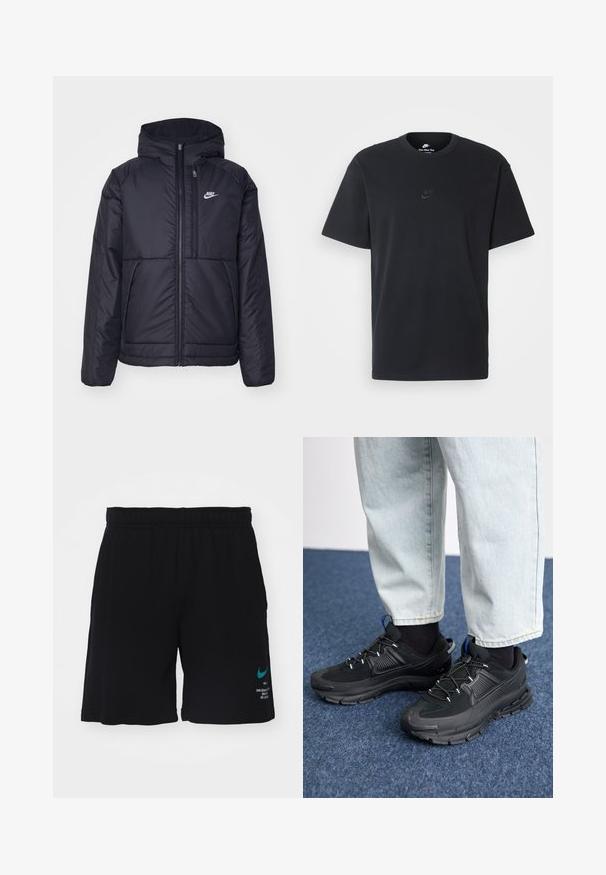Casaco Nike preto, acolchoado, com fecho à frente e capuz. Apresenta um logo branco no lado esquerdo do peito e dois bolsos frontais. Textura exterior lisa.; T-shirt de algodão preto da Nike com um clássico decote redondo, mangas curtas e um logótipo em relevo discreto no peito. Textura suave.; Calções de desporto pretos com cintura elástica, feitos de tecido macio. Apresenta o logótipo da Nike em turquesa e texto em branco na parte inferior da perna esquerda.; Sapatilhas desportivas pretas com tecido texturizado e solas em borracha, apresentando atacadores elásticos e um detalhe azul no calcanhar. Usadas com calças de ganga claras.