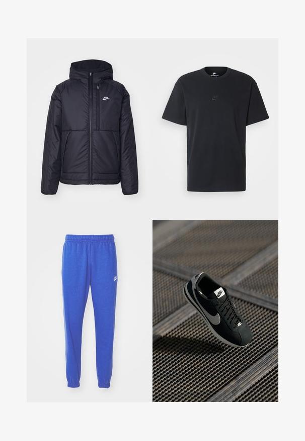 Jachetă Nike neagră, căptușită, cu fermoar pe față și glugă. Prezintă un logo alb pe pieptul stâng și două buzunare frontale. Textură exterioară netedă.; Tricou din bumbac negru Nike, cu guler rotund clasic, mâneci scurte și un logo subtil embosat pe piept. Textură netedă.; Pantaloni atletici albaștri dintr-un material texturat, cu un talie elastică și manșete la glezne, având un mic logo alb Nike pe lateral.; Pantofii sport Nike negri cu accente gri, din piele întoarsă și material textil, talpă texturată, formă îngustă și design clasic cu șireturi.