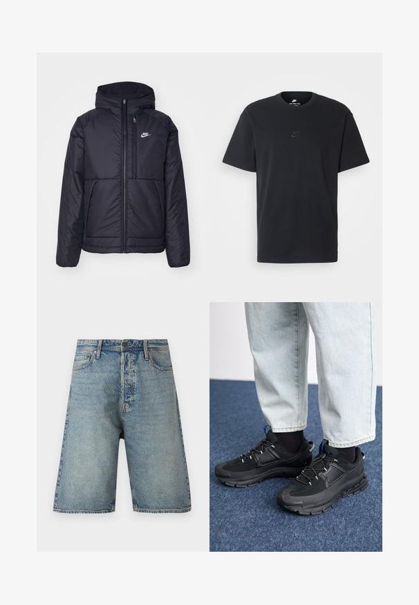 Musta, pehmustettu Nike-takki, jossa on etuvetoketju ja huppu. Vasemmassa rinnassa on valkoinen logo ja takissa on kaksinkertaiset etutaskut. Pintakoe on sileä.; Nike musta musta T-paita, jossa on klassinen pyöreä kaula-aukko, lyhyet etkä hihat sekä hillitty, kohopainettu logo rinnassa. Silkkinen rakenne.; Farkkushortsit, joissa on vaaleansininen pesu, viisi taskua ja suora leikkaus. Kestävä kangas, jossa on näkyvät saumat ja nappisuljenta.; Mustat urheilukengät, joissa on teksturoitu kangas ja kumipohjat, elastiset nauhat ja sininen yksityiskohta kannassa. Yhdistetty vaaleisiin farkkuihin.