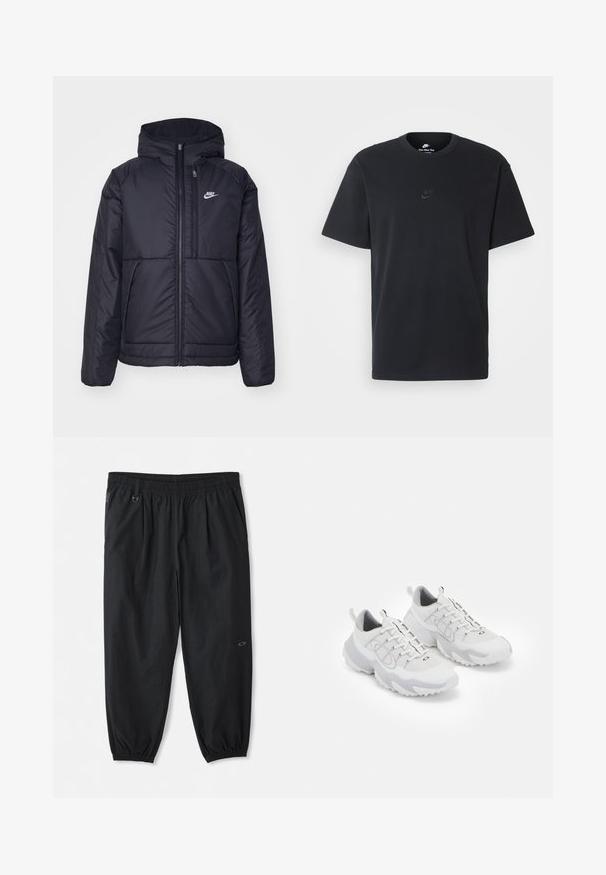 Melna, pufota Nike jaka ar priekšējo rāvējslēdzēju un kapuci. Iezīmēta ar baltu logotipu uz kreisās krūtis un divām priekšējām kabatām. Gluda ārējā tekstūra.; Nike melns kokvilnas T-krekls ar klasisku piegriezumu, īsām piedurknēm un smalku, reljefu logotipu uz krūškurvja. Gluda tekstūra.; Melni ikdienas bikses ar elastīgu jostasvietu, sānu kabatām, potīšu elastīgiem galiem un mazu logo labajā augšstilbā.; Baltas sporta apģērbs ar sietu augšdaļu, pelēkiem akcentiem, teksturētu gumijas zoli un vilkšanas cilpiņām uz papēža; iekļauj necaurlaidīgu dizainu.