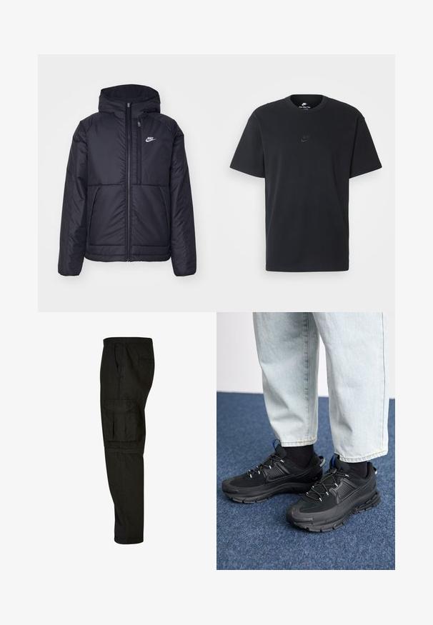 Melna, pufota Nike jaka ar priekšējo rāvējslēdzēju un kapuci. Iezīmēta ar baltu logotipu uz kreisās krūtis un divām priekšējām kabatām. Gluda ārējā tekstūra.; Nike melns kokvilnas T-krekls ar klasisku piegriezumu, īsām piedurknēm un smalku, reljefu logotipu uz krūškurvja. Gluda tekstūra.; Melnas cargo bikses ar brīvu piegriezumu, elastīgu jostasvietu, sānu kabatām un lielu cargo kabatu augšstilbā. Mīksts, viegls audums.; Melni sporta apavi ar strukturētu audumu un gumijas zoli, ar elastīgām auklām un zilu akcentu uz papēža. Nēsāti ar gaišām džinsu biksēm.
