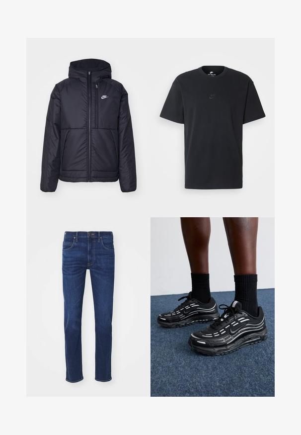 Černá zateplená bunda Nike s předním zipem a kapucí. Na levé straně hrudi má bílé logo a dvojité přední kapsy. Hladký povrch.; Černé bavlněné tričko Nike s klasickým kulatým výstřihem, krátkými rukávy a decentně vyraženým logem na hrudi. Hladký povrch.; Modré džínové kalhoty s rovnou nohavicí, pěti kapsami a zapínáním na knoflík. Tkanina má hladkou texturu s lehkým vyblednutím.; Černé boty Nike mají síťovanou horní část s akcentovými pruhy, texturované šněrování a černou gumovou podrážku. Nosené s černými žebrovanými ponožkami.