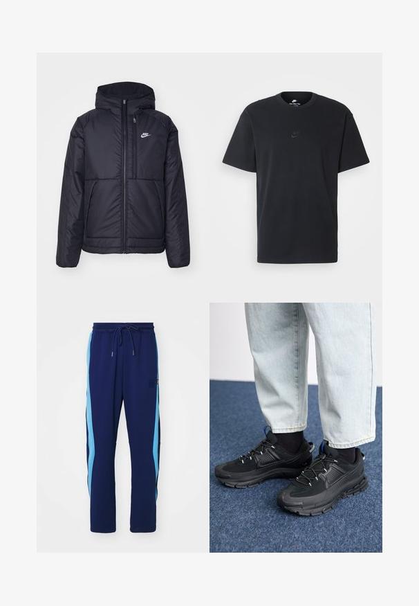 Casaco Nike preto, acolchoado, com fecho à frente e capuz. Apresenta um logo branco no lado esquerdo do peito e dois bolsos frontais. Textura exterior lisa.; T-shirt de algodão preto da Nike com um clássico decote redondo, mangas curtas e um logótipo em relevo discreto no peito. Textura suave.; Calças de treino azul marinho com riscas laterais azul claro, cintura elástica com cordão, corte descontraído, feitas de tecido suave, com detalhes mínimos.; Sapatilhas desportivas pretas com tecido texturizado e solas em borracha, apresentando atacadores elásticos e um detalhe azul no calcanhar. Usadas com calças de ganga claras.