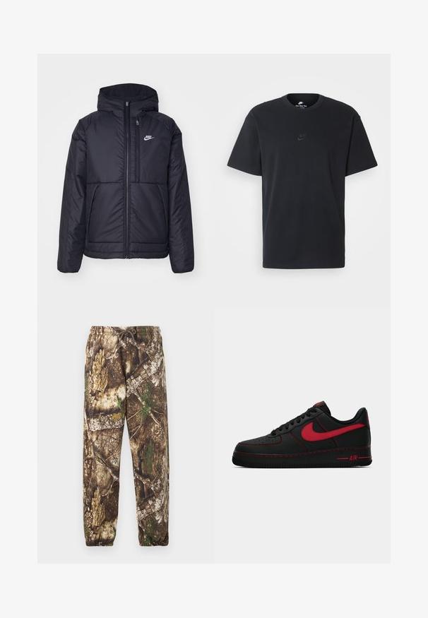 Black, padded Nike jacket with a front zipper and hood. Features a white logo on the left chest and dual front pockets. Smooth exterior texture.; Nike black cotton t-shirt with a classic crew neck, short sleeves, and a subtle, embossed logo on the chest. Smooth texture.; Camo sweatpants with a brown and green natural pattern, featuring an elastic waistband with a drawstring and elastic cuffs at the ankles.; Black leather Nike Air Force 1 sneakers with red accents, featuring a smooth texture, perforated toe, and contrasting red stitching.