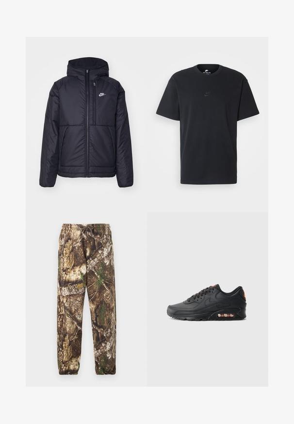 Zwarte, gewatteerde Nike-jas met een voorkant met ritssluiting en capuchon. Kenmerkt zich door een wit logo op de linkerborst en dubbele frontzakken. Gladde buitenkant.; Zwarte katoenen t-shirt van Nike met een klassieke ronde hals, korte mouwen en een subtiele, reliëflogo op de borst. Gladde textuur.; Camo joggingsbroek met een bruin en groen natuurlijk patroon, voorzien van een elastische tailleband met een drawstring en elastische boorden bij de enkels.; Nike Air Max 90 sneakers met een zwarte synthetische bovenkant, gestructureerd oppervlak, vetersluiting, zichtbare luchtunit en oranje accentlogo.
