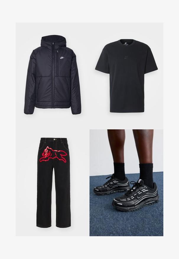 Chaqueta acolchada negra de Nike con cremallera frontal y capucha. Presenta un logo blanco en el lado izquierdo del pecho y dos bolsillos frontales. Textura exterior suave.; Camiseta negra de algodón de Nike con un clásico cuello redondo, mangas cortas y un sutil logo en relieve en el pecho. Textura suave.; Jeans de mezclilla negra con un gran gráfico rojo de un gato en salto en el bolsillo trasero, con costuras amarillas contrastantes a lo largo de las costuras.; Las zapatillas Nike negras presentan una parte superior de malla con franjas de acento, cordones texturizados y una suela de goma negra. Se llevan con calcetines negros de canalé.