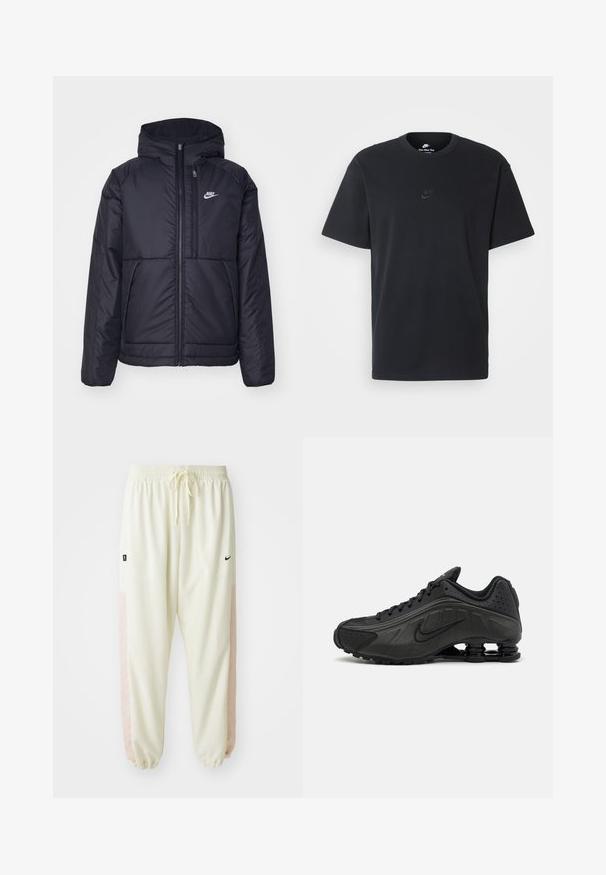 Μαύρο, επενδυμένο μπουφάν Nike με μπροστινό φερμουάρ και κουκούλα. Διαθέτει λευκό λογότυπο στο αριστερό στήθος και διπλές μπροστινές τσέπες. Λείο εξωτερικό υλικό.; Μαύρη βαμβακερή μπλούζα Nike με κλασικό στρογγυλό λαιμό, κοντά μανίκια και μια διακριτική, ανάγλυφη λογότυπο στο στήθος. Λείο ύφασμα.; Nike Performance ICON PANT - Παντελόνι φόρμας - coconut milk/washed coral/black; Μαύρα αθλητικά παπούτσια με λείο συνθετικό άνω μέρος, διάτρητες λεπτομέρειες, υφή στις πλευρές και ξεχωριστή ελαστική σόλα.