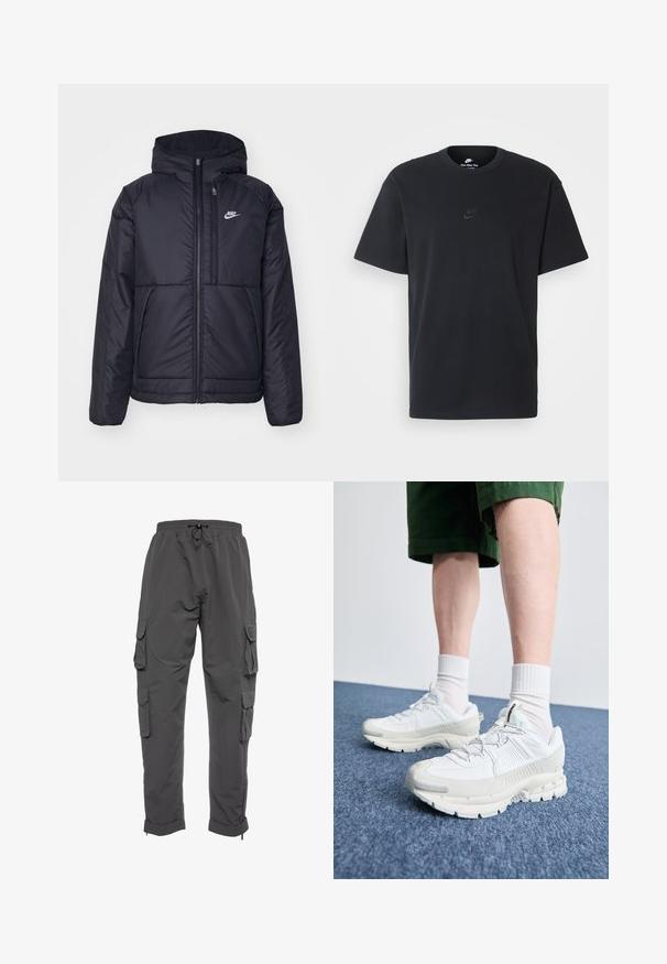 Schwarze, gepolsterte Nike-Jacke mit Frontreißverschluss und Kapuze. Hat ein weißes Logo auf der linken Brust und zwei Fronttaschen. Glattes äußeres Material.; Schwarzes Baumwoll-T-Shirt von Nike mit klassischem Rundhalsausschnitt, kurzen Ärmeln und einem dezenten, geprägten Logo auf der Brust. Glatte Textur.; Graue Cargo-Hosen aus leichtem Stoff, mit Seitentaschen, elastischem Bund mit Kordelzug und umgeschlagenen Säumen.; Weiße Sportschuhe mit strukturierten Überzügen, einer dicken Sohle und grauen Akzenten. Tragen mit weißen Crew-Socken und grünen Shorts auf einer blauen Oberfläche.