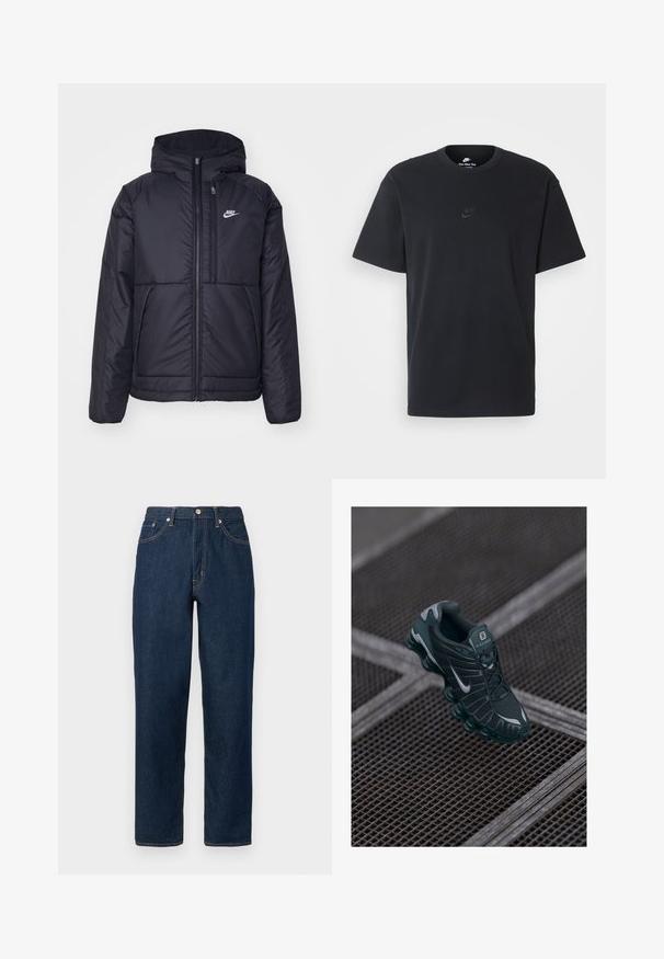 Juodas, paminkštintas Nike džemperis su priekyje užtrauktuku ir gobtuvu. Pasižymi balta logo kairėje krūtinės pusėje ir dviem priekinėmis kišenėmis. Su lygiu išoriniu paviršiumi.; Juodas medvilninis Nike marškinėliai su klasikinėmis apykaklėmis, trumpomis rankovėmis ir subtiliu, įspaustu logotipu ant krūtinės. Sklandus tekstūra.; Tamsiai mėlynos spalvos džinsai tiesiomis kojomis, su sagų užsegimu, penkiomis kišenėmis ir kontrastine siūlių siūle.; Tamsiai žalia Nike Shox sportinė avalynė su tinkline viršutine dalimi, guminių akcentų ir išskirtiniu paminkštintu padu. Šonėje matomas sidabrinis Nike logotipas. Matomos tekstūrinės detalės.