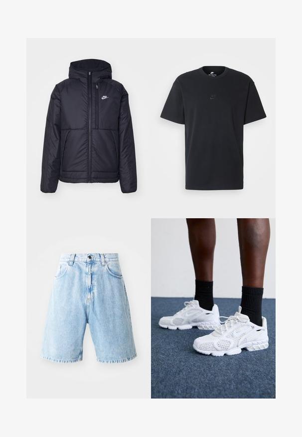 Černá zateplená bunda Nike s předním zipem a kapucí. Na levé straně hrudi má bílé logo a dvojité přední kapsy. Hladký povrch.; Černé bavlněné tričko Nike s klasickým kulatým výstřihem, krátkými rukávy a decentně vyraženým logem na hrudi. Hladký povrch.; Světle modré džínové šortky s vysokým pasem, obsahující dvě přední kapsy, zapínání na knoflík a detail s třepením na lemu. Volný pohodlný střih.; Bílé sportovní boty s prodyšným svrškem, texturovanými akcenty a polstrovanou podrážkou. Spárovány s černými žebrovanými kotníkovými ponožkami na modrém kobercovém povrchu.