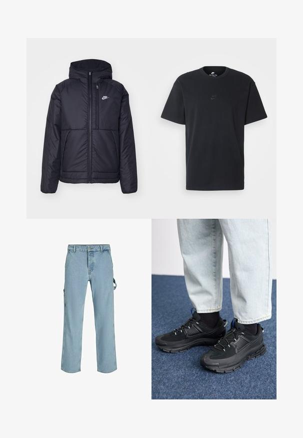 Casaco Nike preto, acolchoado, com fecho à frente e capuz. Apresenta um logo branco no lado esquerdo do peito e dois bolsos frontais. Textura exterior lisa.; T-shirt de algodão preto da Nike com um clássico decote redondo, mangas curtas e um logótipo em relevo discreto no peito. Textura suave.; Calças cargo de denims azul claro com um corte descontraído, apresentando laços de fixação laterais e bolsos frontais, exibindo uma textura desbotada.; Sapatilhas desportivas pretas com tecido texturizado e solas em borracha, apresentando atacadores elásticos e um detalhe azul no calcanhar. Usadas com calças de ganga claras.