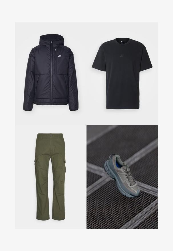 Melna, pufota Nike jaka ar priekšējo rāvējslēdzēju un kapuci. Iezīmēta ar baltu logotipu uz kreisās krūtis un divām priekšējām kabatām. Gluda ārējā tekstūra.; Nike melns kokvilnas T-krekls ar klasisku piegriezumu, īsām piedurknēm un smalku, reljefu logotipu uz krūškurvja. Gluda tekstūra.; Tumši olīvu zaļas cargo bikses ar vairākiem sānu kabatām, taisnu piegriezumu un izturīgu audumu ar teksturētu virsmu.; Bežīgas un pelēkas sporta kurpes ar teksturētu sieta augšdaļu, noapaļotu purngalu un gumijas zoli, satur šņores un mīkstinātu apkakli.