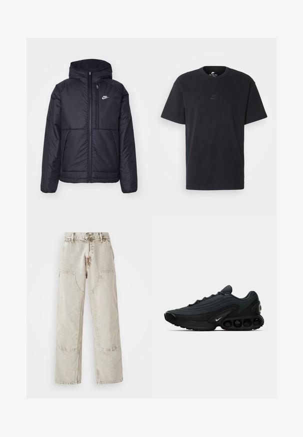 Fekete, párnázott Nike dzseki elülső cipzárral és kapucnival. A bal mellen fehér logó található, valamint két elülső zseb. Simának tűnő külső felület.; Fekete pamut póló Nike márkájú, klasszikus, kerek nyakú, rövid ujjú, és letisztult, dombornyomott logóval a mellkason. Simább textúra.; Világos bézs, bő szabású farmernadrág nagy patkákkal, kontrasztvarrással és enyhén kopott felszínnel.; Fekete sportcipő textúrált szövet felsőrésszel, ívelt kialakítással, hangsúlyos középtalppal és látható párnázó elemekkel rendelkezik. Fehér logó részlet jellemzi.