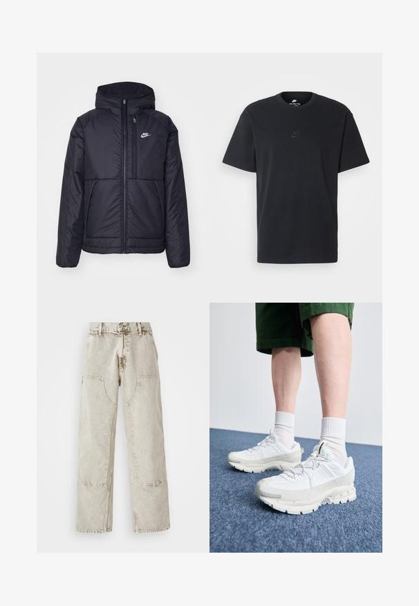 Casaco Nike preto, acolchoado, com fecho à frente e capuz. Apresenta um logo branco no lado esquerdo do peito e dois bolsos frontais. Textura exterior lisa.; T-shirt de algodão preto da Nike com um clássico decote redondo, mangas curtas e um logótipo em relevo discreto no peito. Textura suave.; Jeans de perna larga em bege claro, feitos de denim, com bolsos grandes tipo patch, costura em contraste e uma textura ligeiramente desbotada.; Sapatos atléticos brancos com sobreposições texturizadas, sola espessa e detalhes em cinza. Usados com meias brancas até ao tornozelo e calções verdes sobre uma superfície azul.